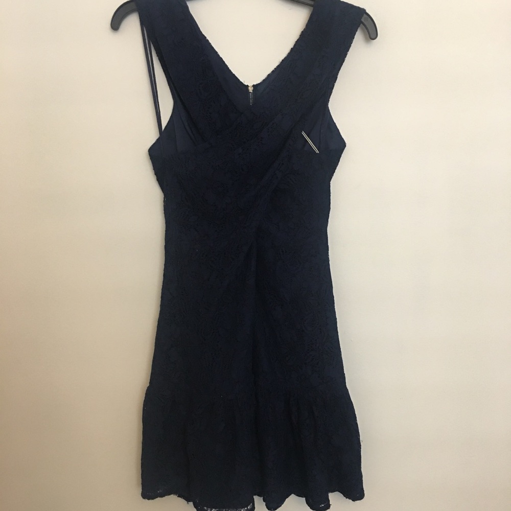 Line & dot: blue lace cross front dress